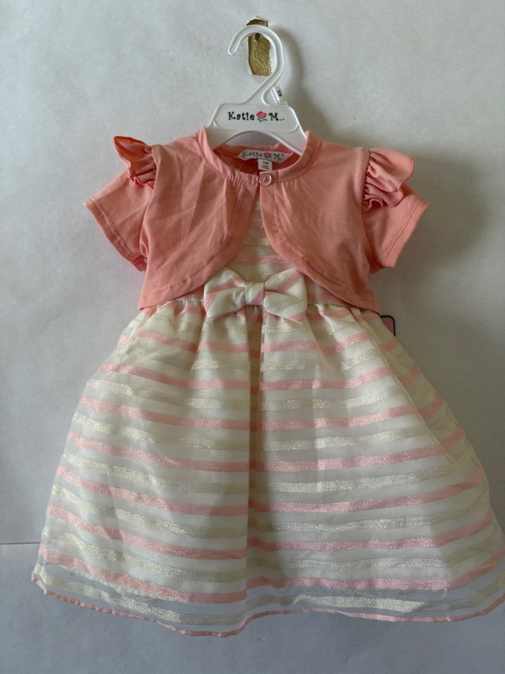 Baby Girl Organza Dress Sz 12 months Cream Striped Bow 2 PC Special Event NWT